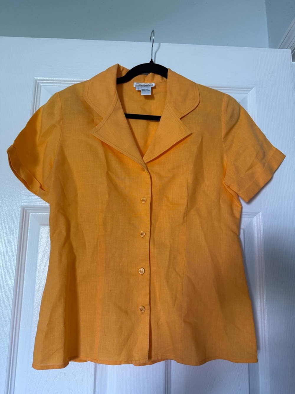 Bright Orange Button-Up Short Sleeve Blouse 100% linen